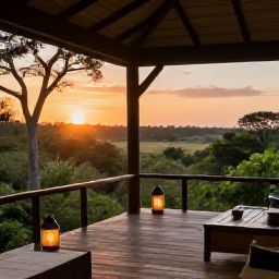 Caribbean Holidays, March Safaris, A comfortable safari lodge terrace overlooking green woodland and open plains at sunset, with lanterns and relaxed outdoor seating