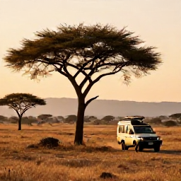 Caribbean Holidays, March Safaris, A golden sunrise over the African savannah in March, with acacia trees, distant hills and a safari vehicle on a quiet track