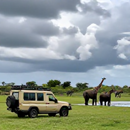 Caribbean Holidays, March Safaris, A safari jeep watching elephants and giraffes beside fresh green grass and a waterhole, with dramatic clouds in the March sky