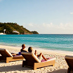 Caribbean Holidays, March Saint Barth, Adults relaxing beside a quiet turquoise Caribbean sea at a stylish Saint Barth&eacute;lemy hotel in warm March sunshine