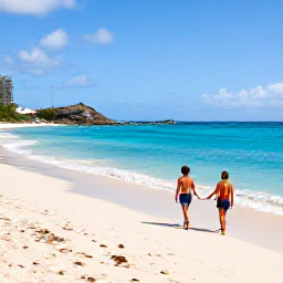 Caribbean Holidays, March Saint Barth, Couple walking along a beautiful sandy beach on Saint Barth&eacute;lemy, clear water, gentle waves and bright March skies