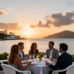 Caribbean Holidays, March Saint Barth, Elegant adults enjoying an open-air dinner overlooking Gustavia harbour at sunset on Saint Barth&eacute;lemy