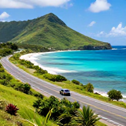 Caribbean Holidays, March Saint Barth, Scenic coastal road with a small car travelling past green hills and turquoise bays on Saint Barth&eacute;lemy in March
