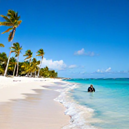Caribbean Holidays, March Scuba Diving, A diver surfacing beside a bright Caribbean beach with palm trees and calm turquoise sea on Saint Martin