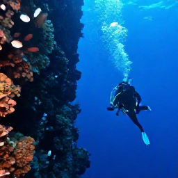 Caribbean Holidays, March Scuba Diving, A scuba diver swimming beside a dramatic underwater wall with reef fish near Nevis