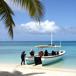 Caribbean Holidays, March Scuba Diving, A small dive boat leaving a palm-fringed beach in the Dominican Republic on a bright March morning, with calm blue sea and divers preparing their equipment