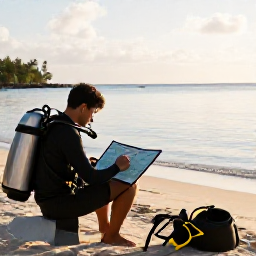 Caribbean Holidays, March Scuba Diving, Caribbean diver reviewing a dive map and equipment beside a calm beach, tropical resort setting, warm morning light