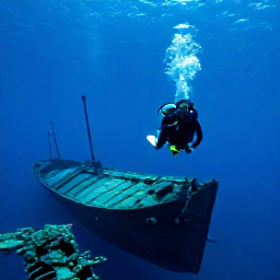 Caribbean Holidays, March Scuba Diving, Diver exploring a historic shipwreck in blue Caribbean water near St Croix, United States Virgin Islands