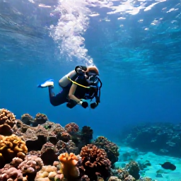 Caribbean Holidays, March Scuba Diving, Divers exploring a colourful coral reef in clear turquoise water off the Dominican Republic, with tropical fish and sunlight filtering from the surface