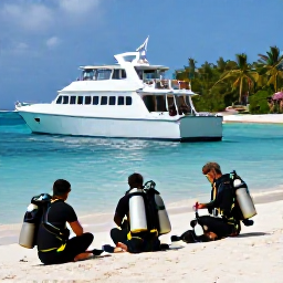 Caribbean Holidays, March Scuba Diving, Friendly dive boat anchored beside a Caribbean island, divers preparing equipment beneath a sunny sky, turquoise sea and palm-fringed coast