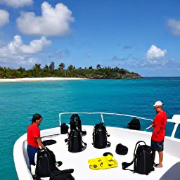 Caribbean Holidays, March Scuba Diving, Friendly dive boat with holidaymakers preparing equipment beside a beautiful Caribbean island in Saint Vincent and the Grenadines
