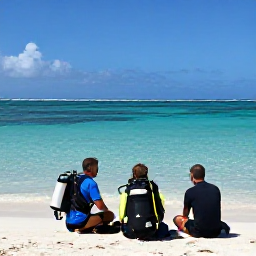 Caribbean Holidays, March Scuba Diving, Friendly professional dive instructors preparing scuba equipment on a sunny beach beside clear Caribbean water