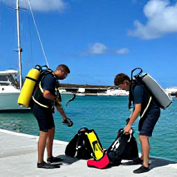 Caribbean Holidays, March Scuba Diving, Friendly scuba divers preparing equipment beside a boat in a sunny Caribbean marina on Sint Maarten