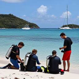 Caribbean Holidays, March Scuba Diving, Friendly scuba diving group preparing equipment beside a tropical beach in the United States Virgin Islands