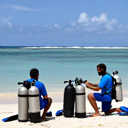 Caribbean Holidays, March Scuba Diving, Friendly scuba instructors checking dive equipment beside a tropical beach in the Dominican Republic, with tanks, masks and calm sea in the background