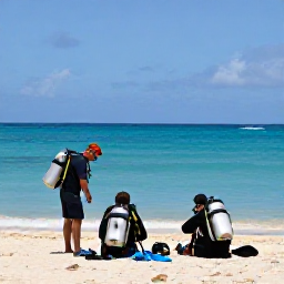 Caribbean Holidays, March Scuba Diving, Friendly scuba instructors preparing equipment beside a Caribbean beach on Saint Kitts