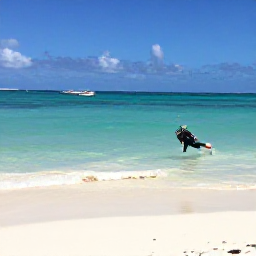 Caribbean Holidays, March Scuba Diving, Relaxed beach scene on Providenciales with white sand, calm turquoise sea and a diver returning from a boat trip