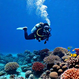 Caribbean Holidays, March Scuba Diving, Scuba diver exploring a colourful Caribbean coral reef with angelfish, turtles and clear blue water, realistic travel photograph