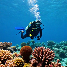 Caribbean Holidays, March Scuba Diving, Scuba diver exploring a colourful coral reef in clear turquoise water around the United States Virgin Islands in March