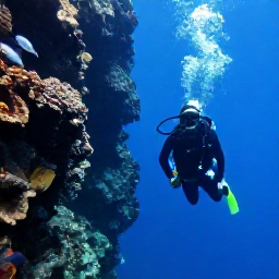 Caribbean Holidays, March Scuba Diving, Scuba diver swimming beside a dramatic underwater rock wall with tropical fish in Tobago