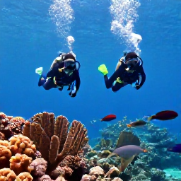 Caribbean Holidays, March Scuba Diving, Scuba divers swimming above a Caribbean coral reef near Bayahibe, surrounded by reef fish, sea fans and clear blue water