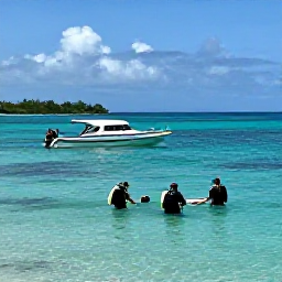 Caribbean Holidays, March Scuba Diving, Small dive boat approaching a sheltered tropical bay on Tobago with divers preparing their equipment