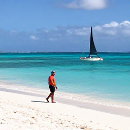 Caribbean Holidays, March Scuba Diving, White sandy beach and turquoise sea in the Tobago Cays with a snorkeller and small sailing boat