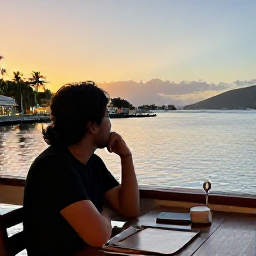 Caribbean Holidays, March Solo Holidays, A friendly solo traveller enjoying sunset from a waterfront restaurant in the United States Virgin Islands, warm evening light and harbour scenery