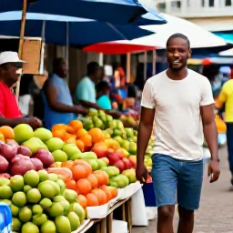 Caribbean Holidays, March Solo Holidays, A friendly solo traveller walking through Kingstown market in Saint Vincent, surrounded by colourful fruit stalls and local people