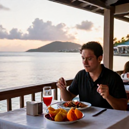 Caribbean Holidays, March Solo Holidays, A solo diner enjoying fresh Caribbean seafood at a relaxed waterfront restaurant in Saint Vincent and the Grenadines at sunset