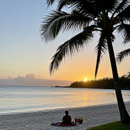 Caribbean Holidays, March Solo Holidays, Peaceful solo traveller enjoying a sunset beach picnic on Nevis, with calm Caribbean water, palm trees and warm evening light