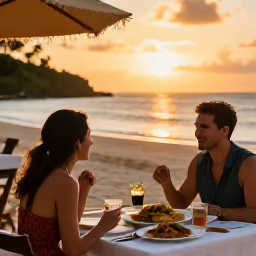 Caribbean Holidays, March Solo Holidays, Solo traveller dining at a relaxed Caribbean beachfront restaurant at sunset, local food and welcoming atmosphere
