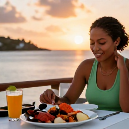Caribbean Holidays, March Solo Holidays, Solo traveller enjoying fresh Caribbean seafood at a relaxed waterfront restaurant in Antigua at sunset