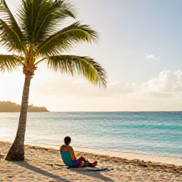 Caribbean Holidays, March Solo Holidays, Solo traveller relaxing on a sunny Caribbean beach in Saint Martin, turquoise water, palm trees and a calm March morning
