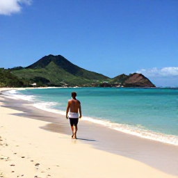 Caribbean Holidays, March Solo Holidays, Solo traveller walking along a quiet golden beach on Saint Kitts in warm March sunshine, with turquoise sea and green volcanic hills in the distance