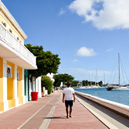 Caribbean Holidays, March Solo Holidays, Solo visitor walking through historic Nelson's Dockyard in Antigua, restored Georgian buildings, sailing boats and sunny blue sky