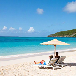 Caribbean Holidays, March Spa Breaks, A couple relaxing beside a peaceful beach in the British Virgin Islands, with clear blue water, white sand and shaded sun loungers