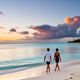 Caribbean Holidays, March Spa Breaks, A couple walking barefoot on Grace Bay Beach at sunset after a spa treatment, with calm turquoise water and a colourful sky