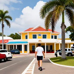 Caribbean Holidays, March Spa Breaks, A friendly traveller walking through historic Basseterre, Saint Kitts, with colourful buildings, palm trees and a relaxed Caribbean atmosphere