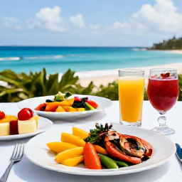 Caribbean Holidays, March Spa Breaks, A healthy Caribbean lunch with fresh fruit, grilled seafood and colourful vegetables served on an outdoor terrace overlooking the sea