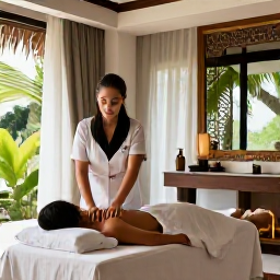 Caribbean Holidays, March Spa Breaks, A professional therapist giving a relaxing massage in an elegant Caribbean spa treatment room with natural light and tropical details