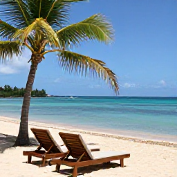 Caribbean Holidays, March Spa Breaks, A quiet palm-fringed beach on Saint Kitts with two comfortable loungers, calm turquoise water and a clear blue March sky