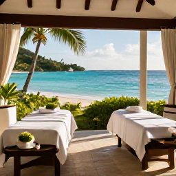 Caribbean Holidays, March Spa Breaks, A serene luxury spa overlooking a turquoise Caribbean bay on Saint Kitts, with treatment beds, tropical greenery and soft morning light