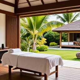 Caribbean Holidays, March Spa Breaks, A serene spa treatment room in a British Virgin Islands resort, open to a tropical garden with natural wood, white towels and gentle sunlight