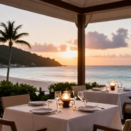 Caribbean Holidays, March Spa Breaks, An elegant beachfront restaurant in the British Virgin Islands at sunset, with fresh Caribbean dishes, soft lights and a relaxed atmosphere