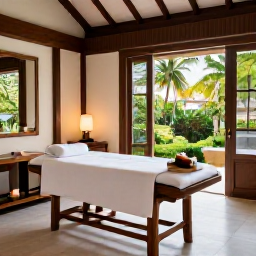 Caribbean Holidays, March Spa Breaks, An elegant spa treatment room in a Caribbean resort, with natural wood, white towels, candles and views of tropical gardens