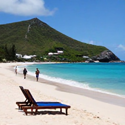 Caribbean Holidays, March Spa Breaks, Beautiful quiet Caribbean beach on Saint Martin with sun loungers, clear water, green hills and a couple walking along the shore