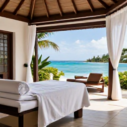Caribbean Holidays, March Spa Breaks, Calm Caribbean spa lounge with open-air treatment rooms, white linen, tropical plants and views towards the sea