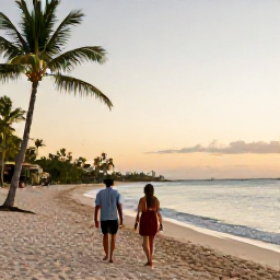 Caribbean Holidays, March Spa Breaks, Couple enjoying a quiet beach walk near a Caribbean spa resort at sunset in March