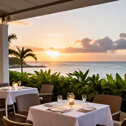 Caribbean Holidays, March Spa Breaks, Elegant Caribbean restaurant terrace at sunset in Sint Maarten, with beautifully set tables, tropical greenery and ocean views
